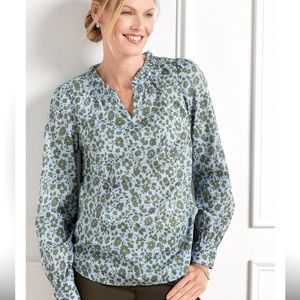 Talbots ditsy long sleeve floral smocked blouse, blue/green, Size large.